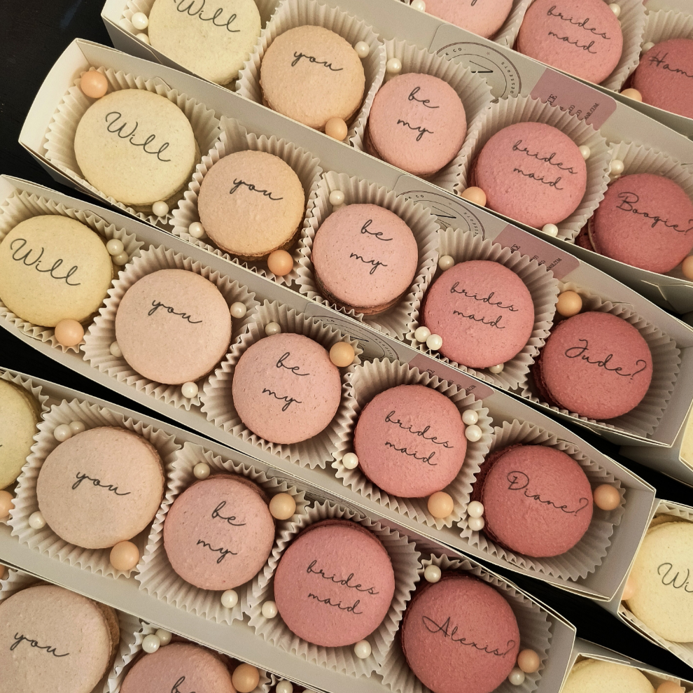 "Will you be my bridesmaid?" printed macarons