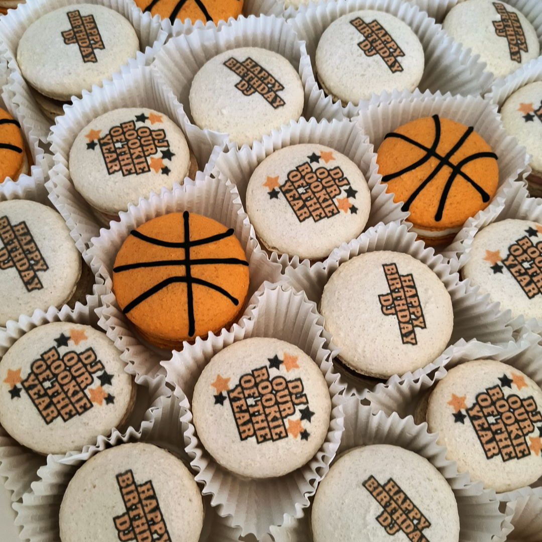 Basketball theme printed birthday macarons