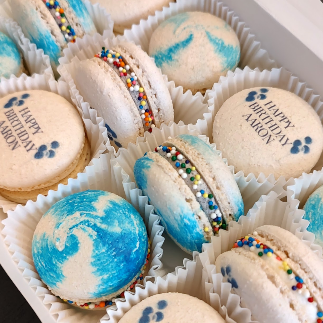Birthday printed macarons with sprinkles to add to the festivity!