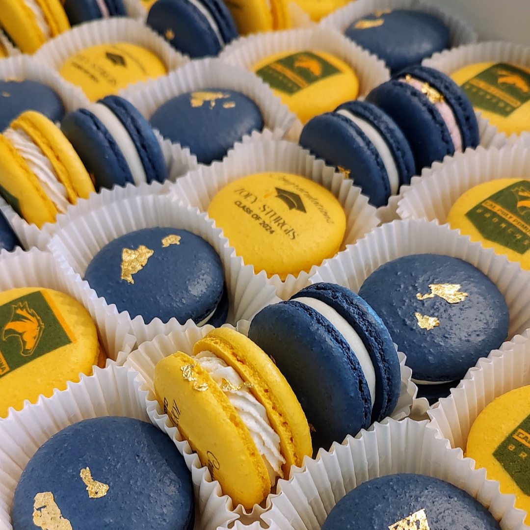 Graduation printed macarons with gold flake